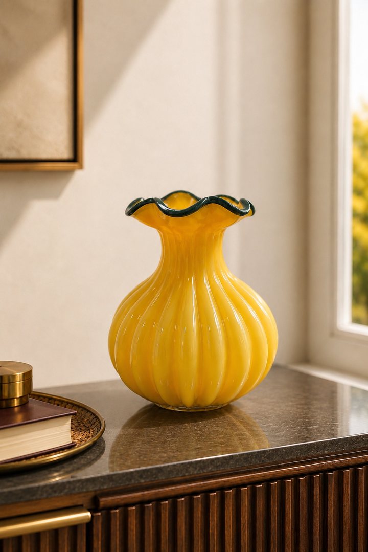 Solara Bloom Ribbed Vase - Amber