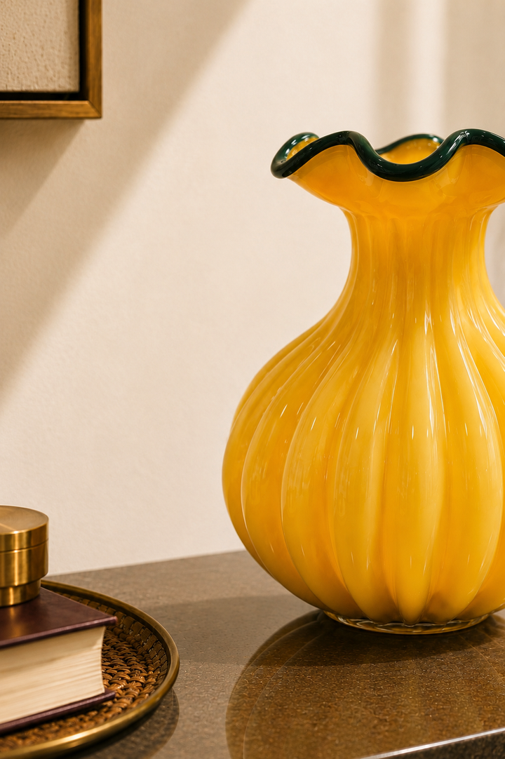 Solara Bloom Ribbed Vase - Amber