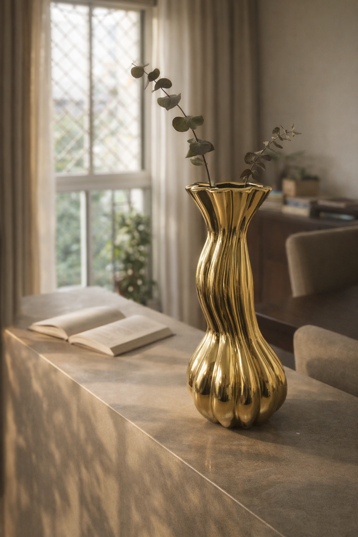 Fluted Gold Ceramic Vase