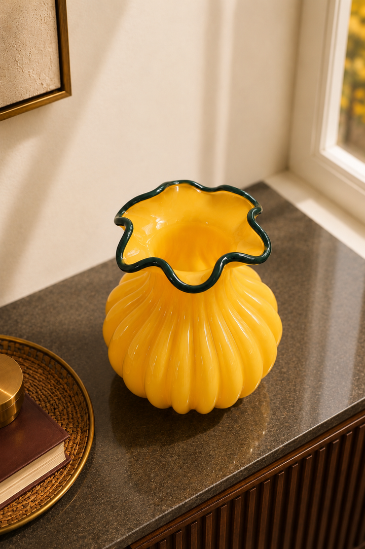 Solara Bloom Ribbed Vase - Amber