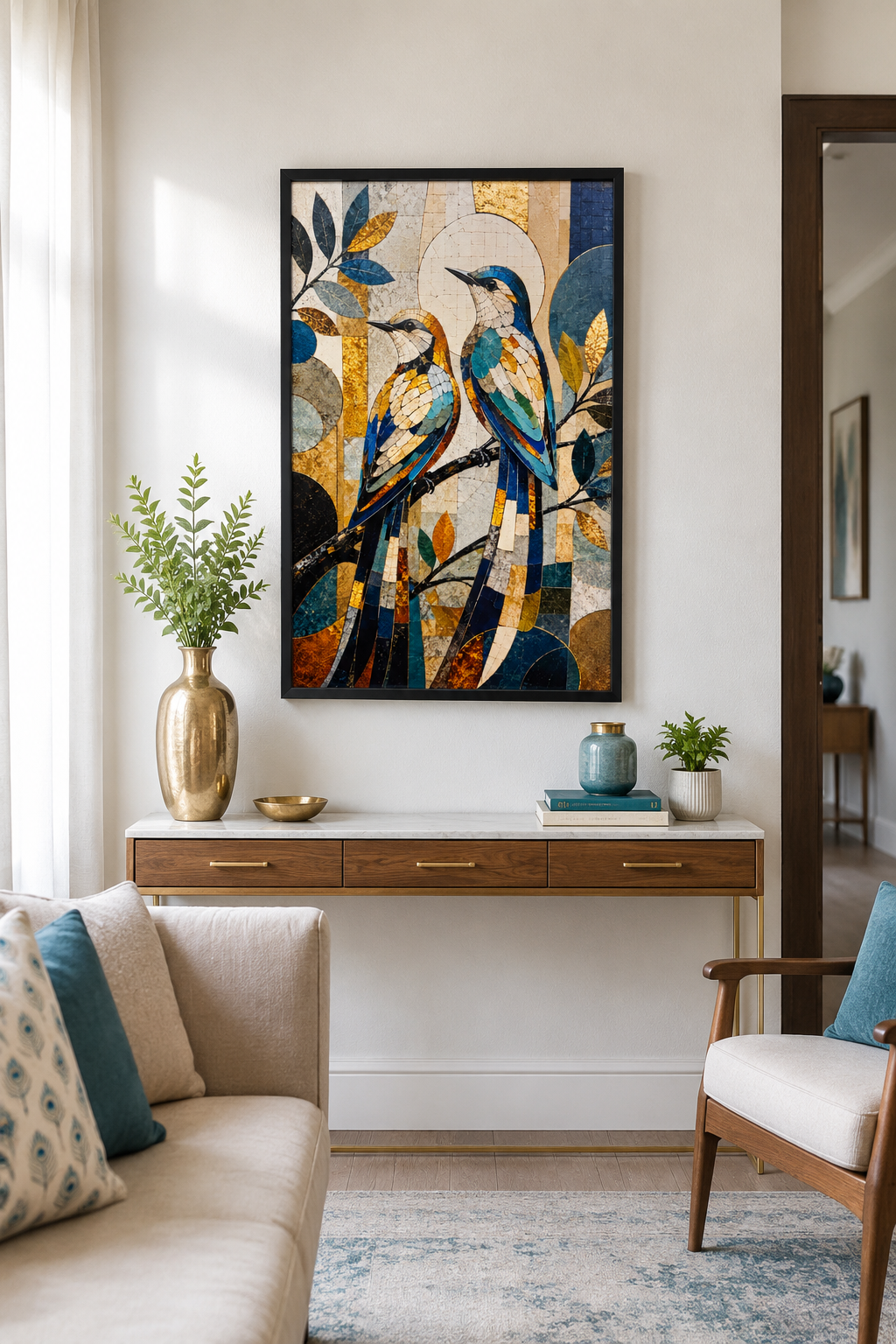 Azure Duet Kingfishers Mosaic Canvas Wall Art