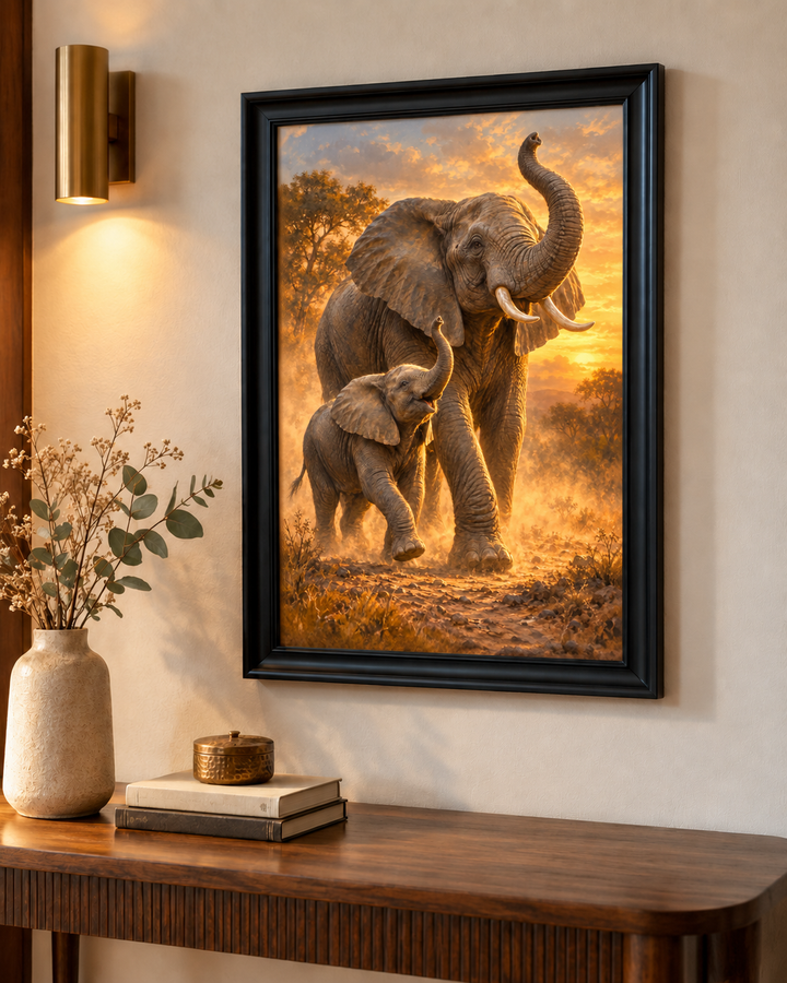 Elephant Family with Trunks Raised Wall Art