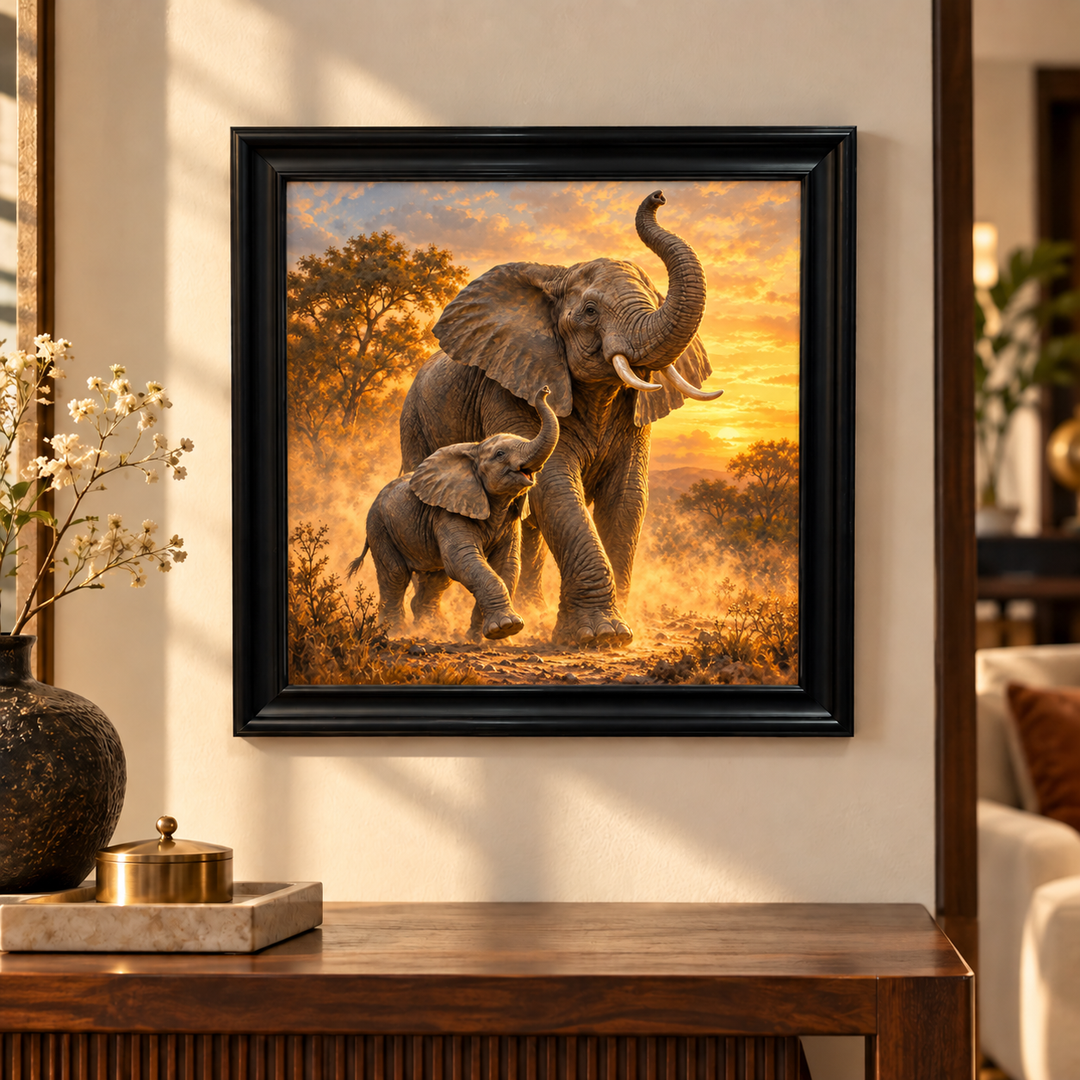 Elephant Family with Trunks Raised Wall Art