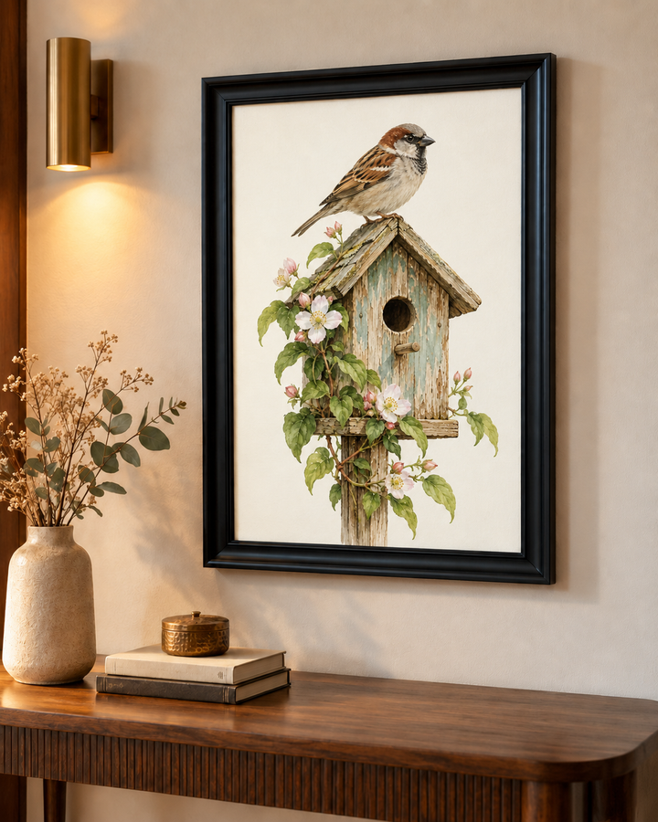 House Sparrow on Vintage Birdhouse Wall Art
