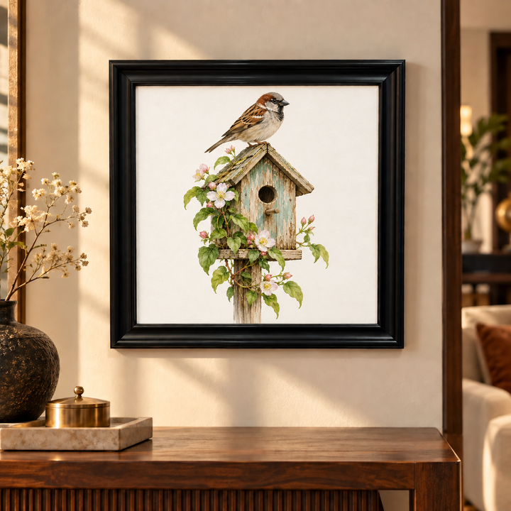 House Sparrow on Vintage Birdhouse Wall Art