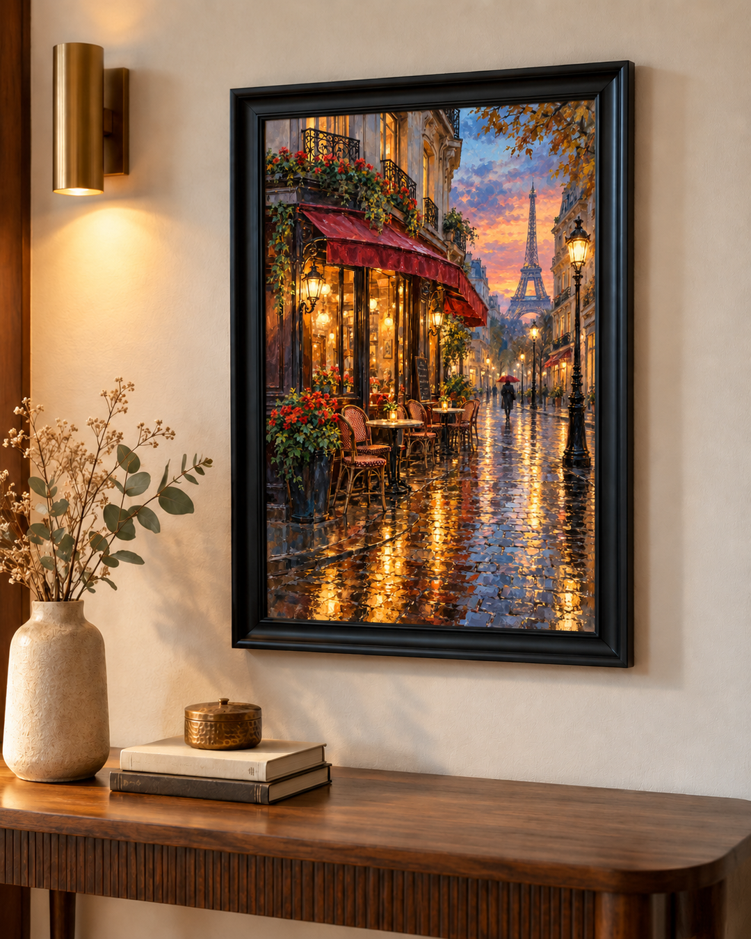 Parisian Café Street in Rain Wall Art