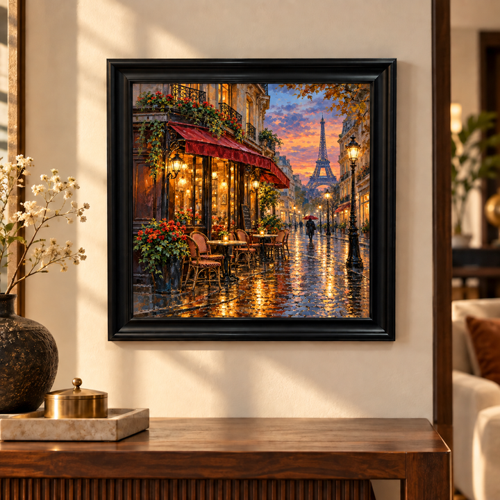 Parisian Café Street in Rain Wall Art