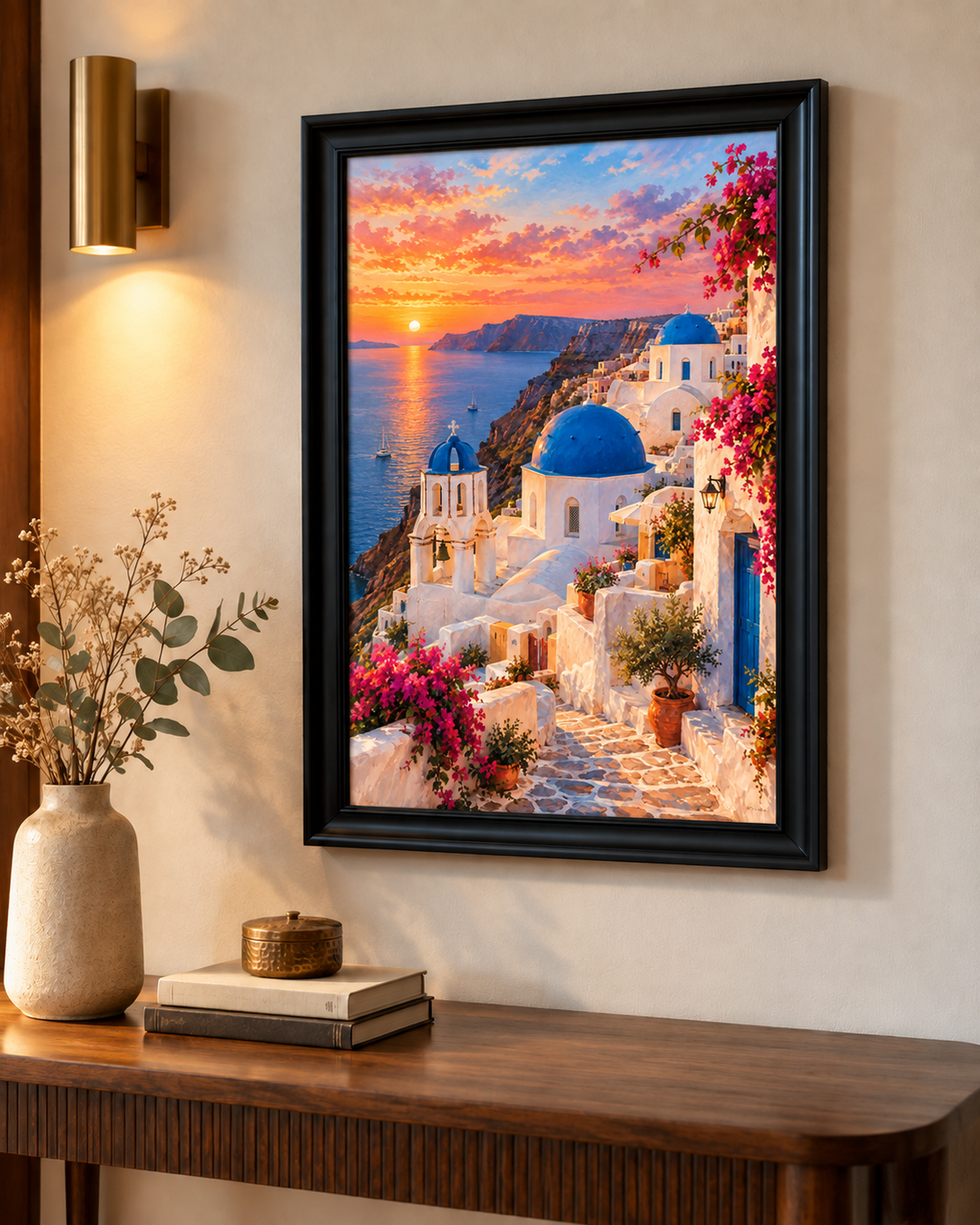 Santorini Blue Domes at Sunset Wall Art