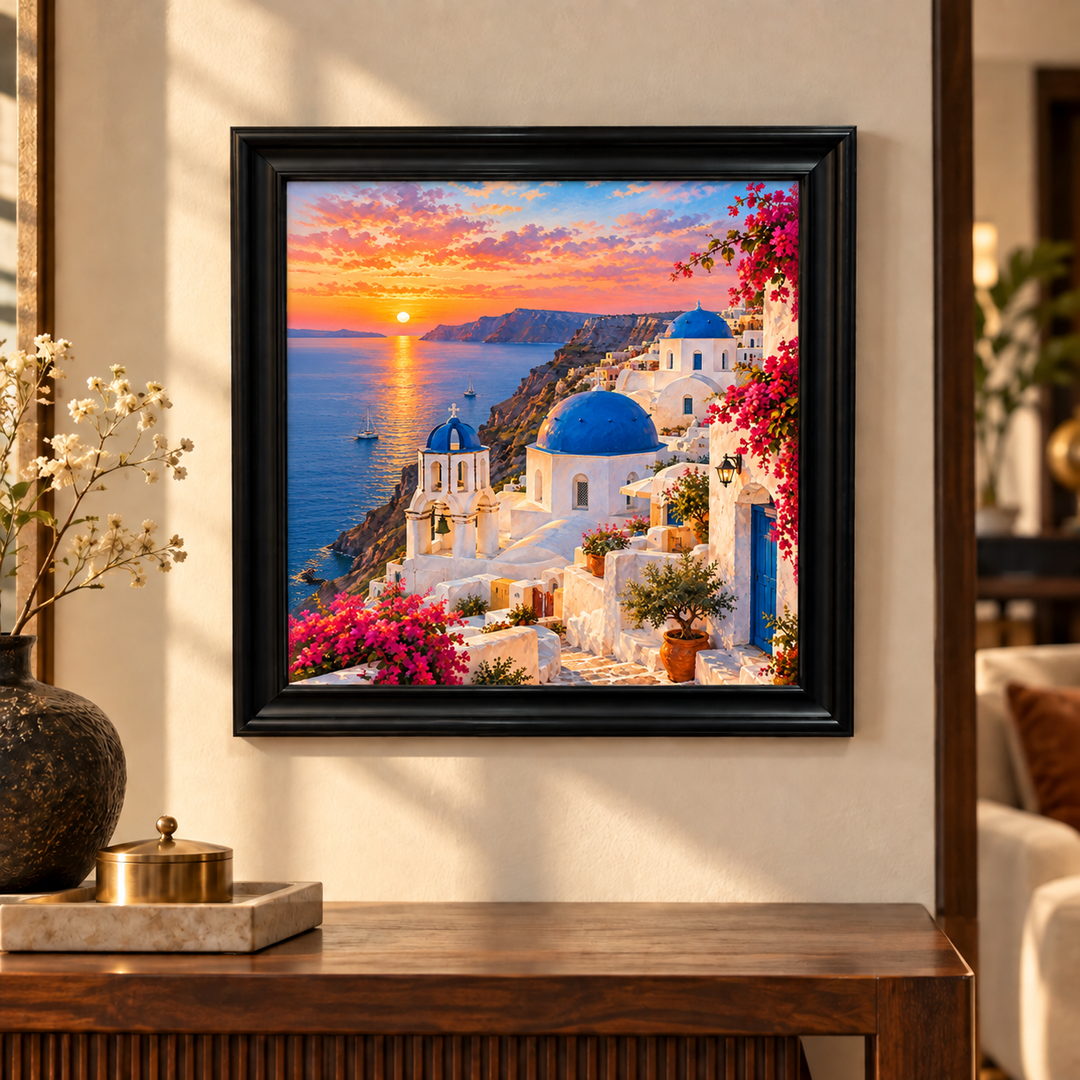 Santorini Blue Domes at Sunset Wall Art
