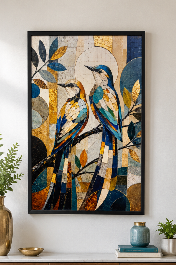 Azure Duet Kingfishers Mosaic Canvas Wall Art