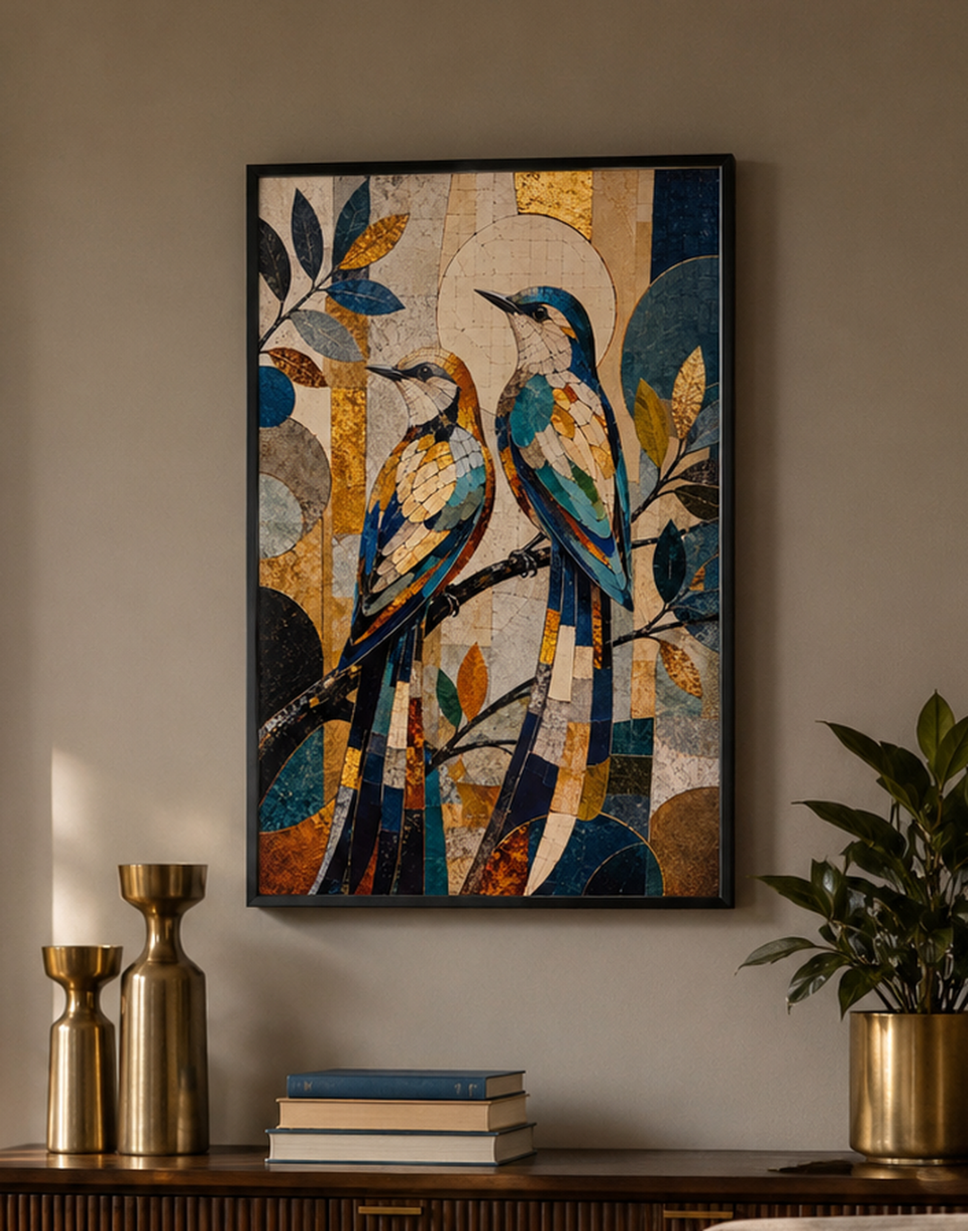 Azure Duet Kingfishers Mosaic Canvas Wall Art
