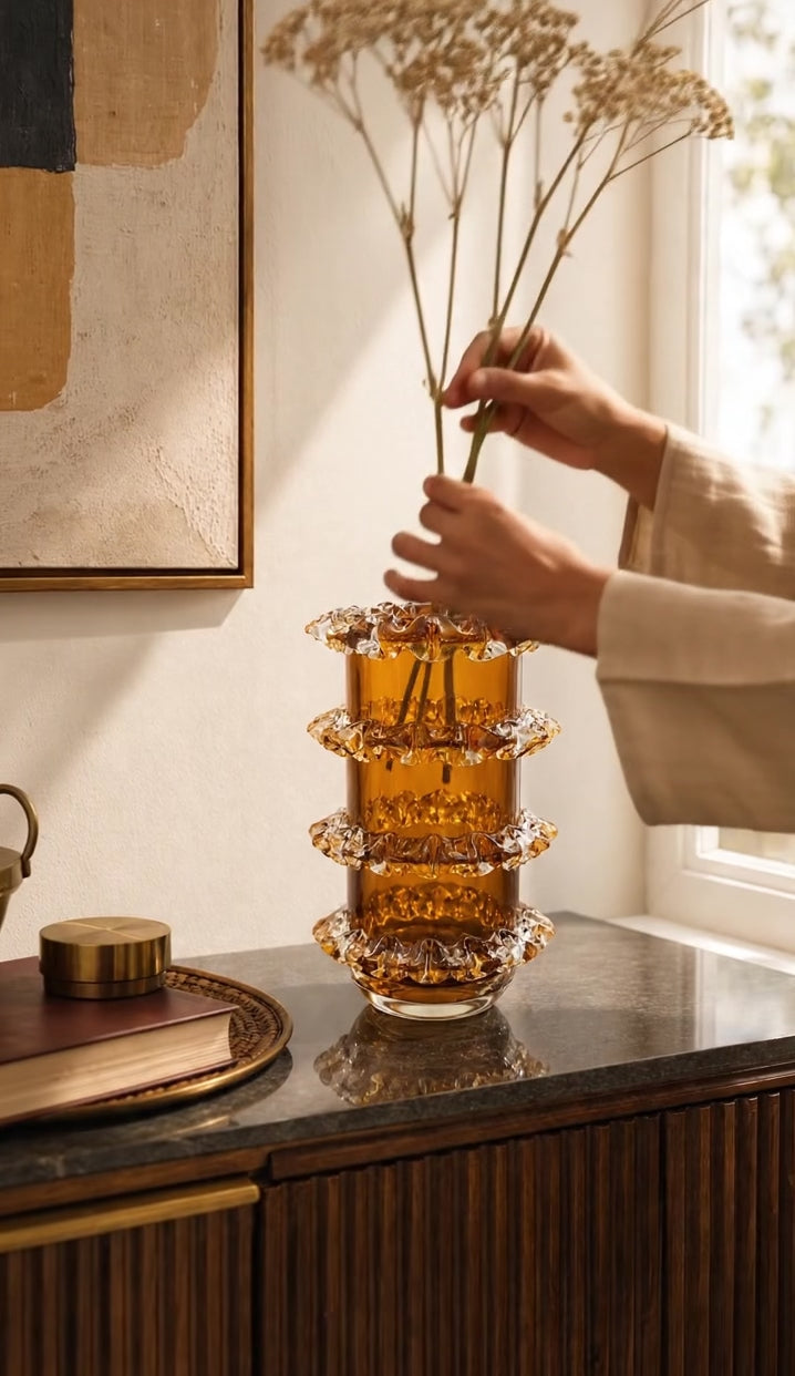 Celestine Ripple Glass Vase - Amber